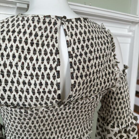 Silk Cinq a Sept Pascal Mini Medallion Blouse Small Smocked Off Cold Shoulder - Picture 12 of 13